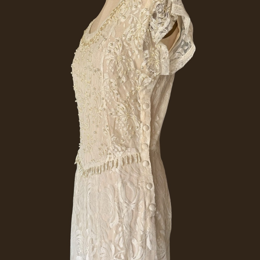 Vintage 70s Beaded White Lace Wedding Dress - image 3